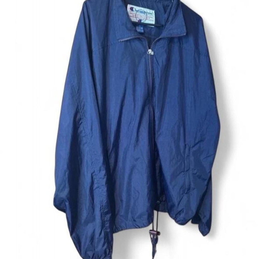 Vintage Champion Mens Navy Blue Full Zip Nylon Windbreaker Packable Hood XL